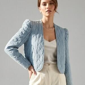 BLANK NYC Cropped Quilted Cotton Blue Jacket Light Wash Puff Sleeve Bolero XS